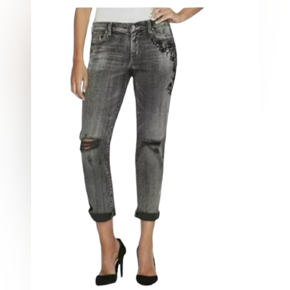 Jessica Simpson faded gray/black floral embroidered jeans